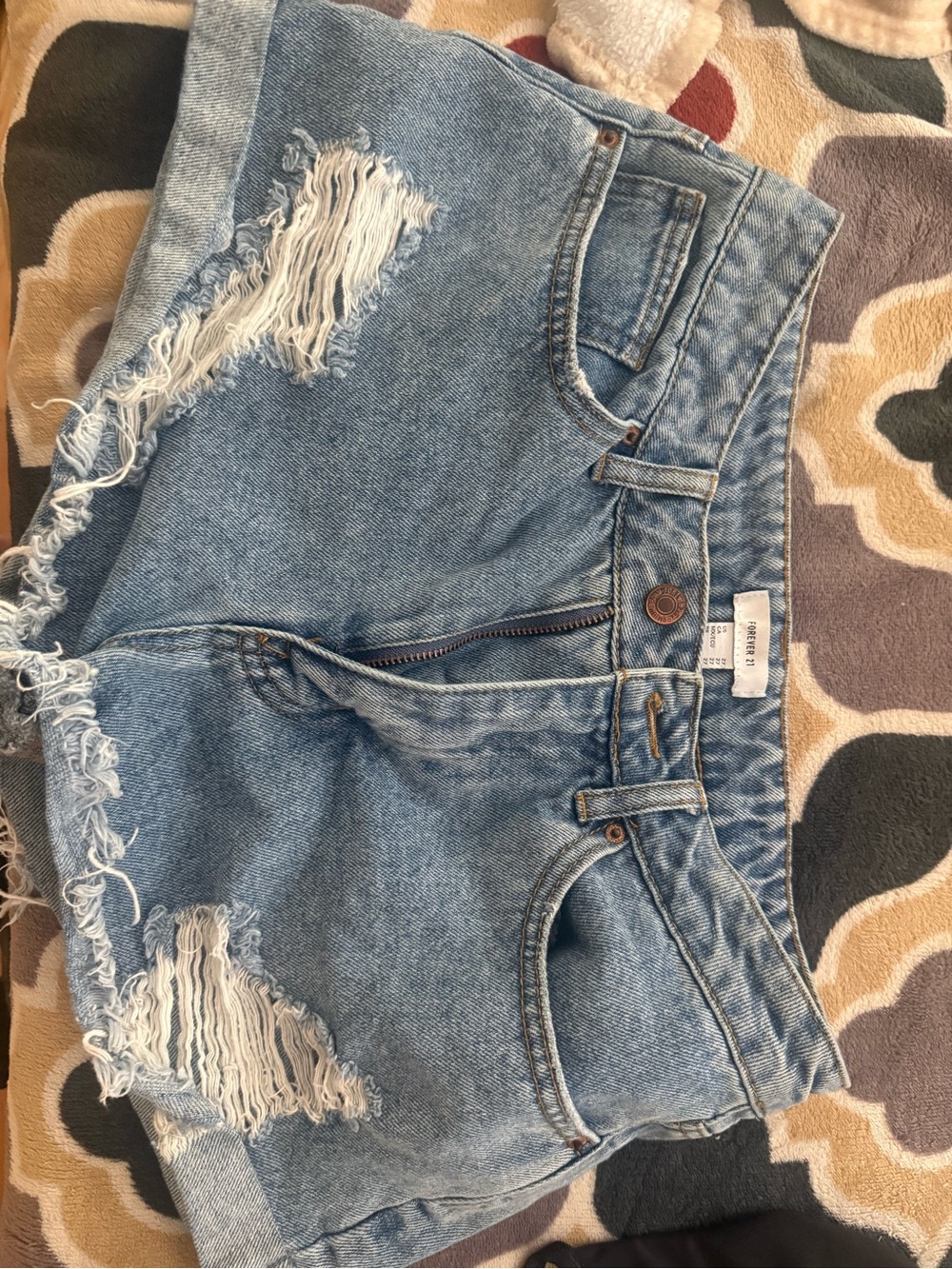 High-Waist Distressed Denim Shorts - Light Blue